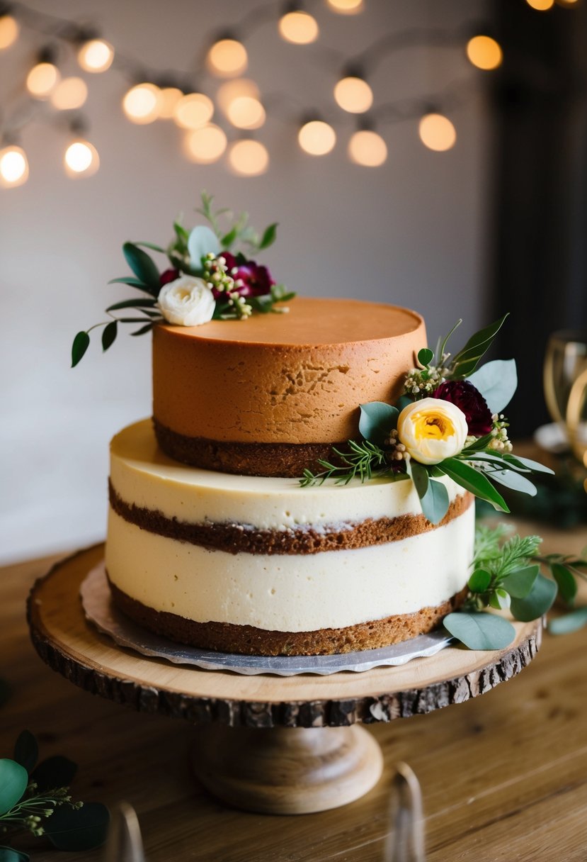 A rustic terracotta cheesecake wedding cake with floral and greenery accents on a wooden dessert table