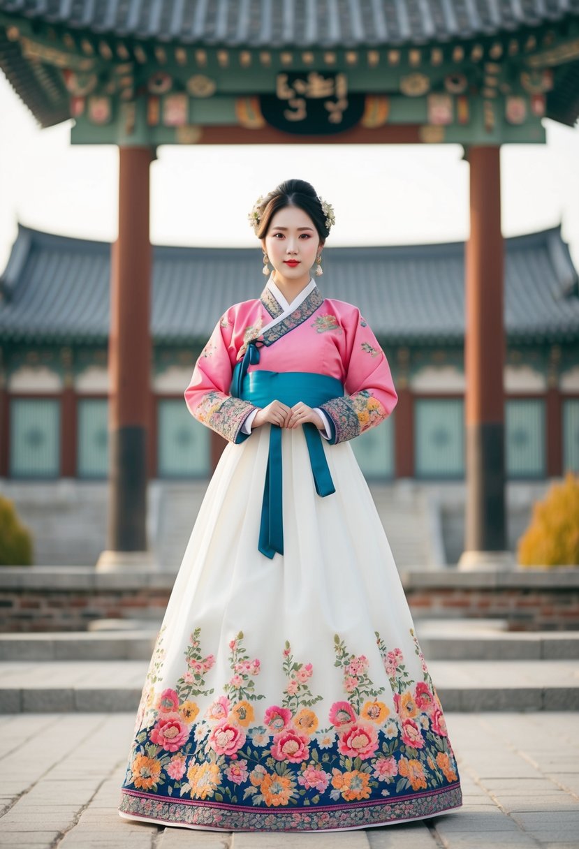 A vibrant floral hanbok with intricate embroidery, inspired by Joseon Dynasty vintage Korean wedding dress ideas, set against a backdrop of traditional Korean architecture