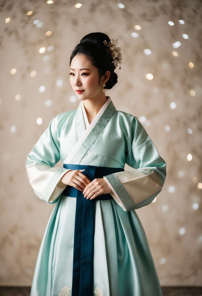 A minimalist Hanbok draped in silk, set against a vintage Korean wedding backdrop