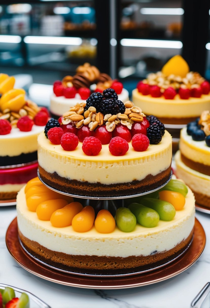 A colorful, tiered cheesecake display with various fruit and nut toppings