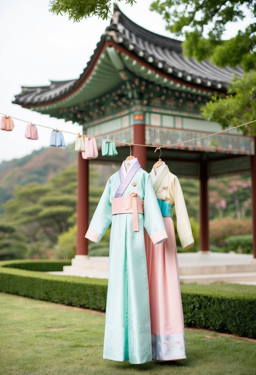 A serene garden with a traditional Korean wedding pavilion, adorned with pastel-palette vintage hanbok hanging on a line