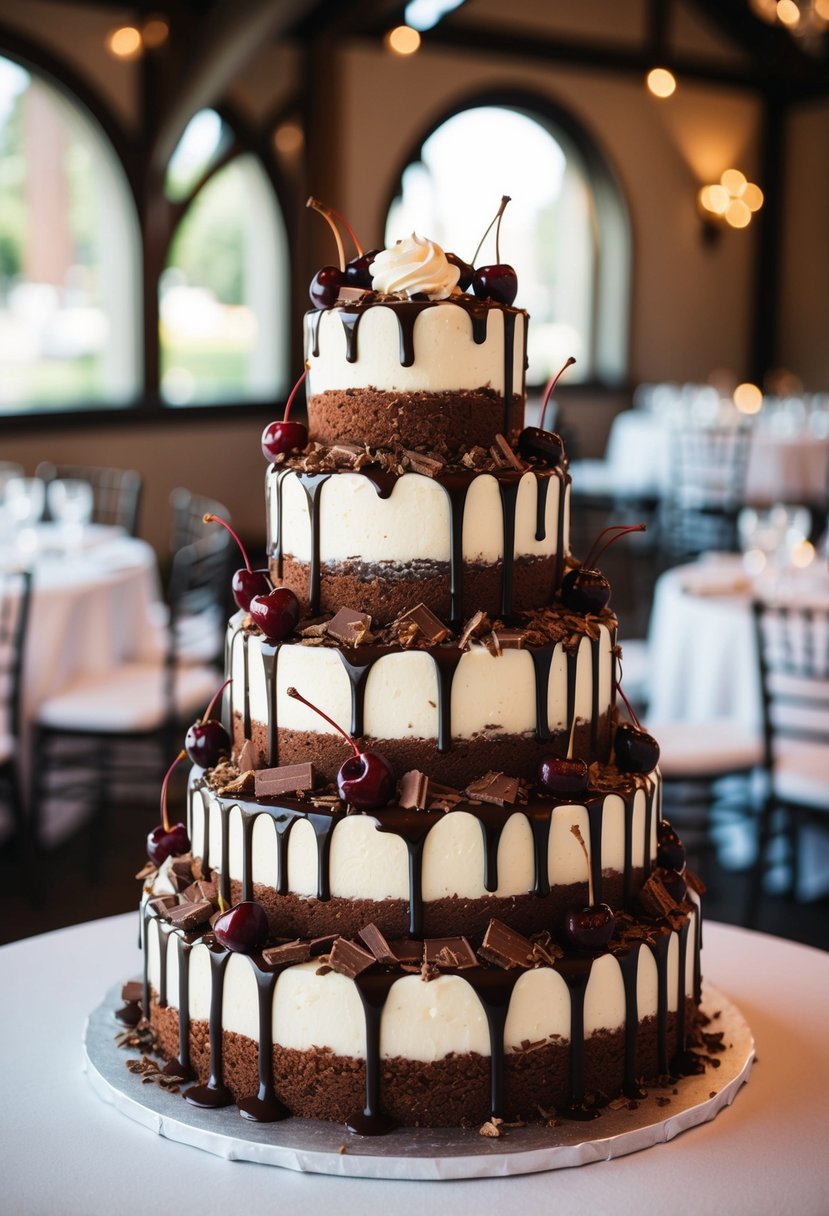 A lavish three-tiered Black Forest Cheesecake wedding cake adorned with chocolate shavings, cherries, and a drizzle of ganache