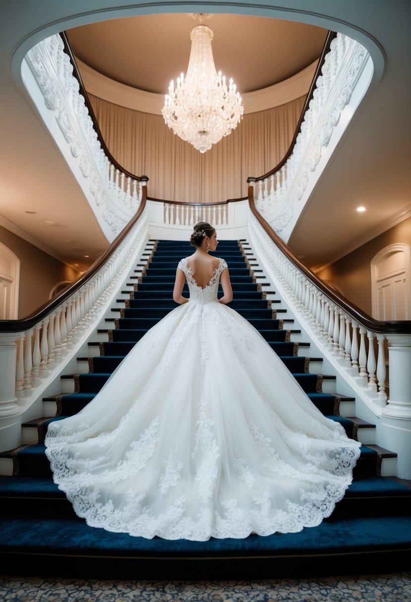 A grand ball gown wedding dress with intricate lace, a full skirt, and a long train flowing down a majestic staircase