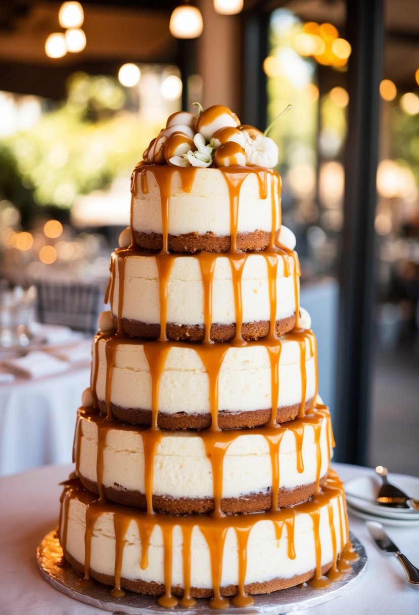 A decadent caramel drizzle cheesecake wedding cake towering with layers of creamy cheesecake and dripping with rich caramel