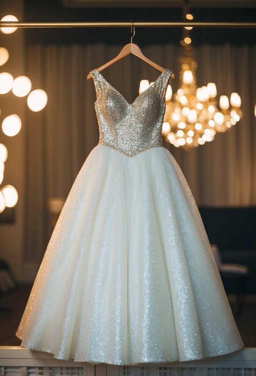 A vintage white glitter ball gown hanging on a golden hanger in a dimly lit room with soft, romantic lighting