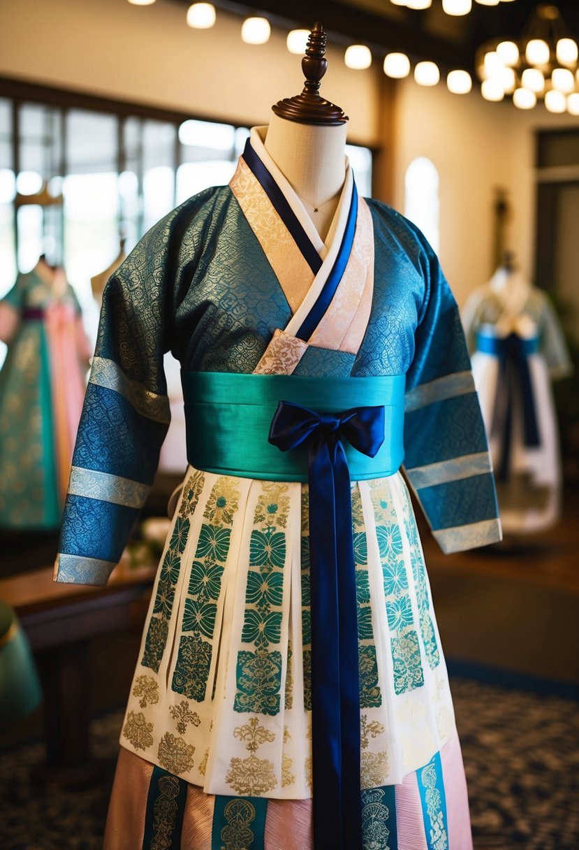 A custom Hanbok adorned with traditional Korean patterns displayed on a vintage mannequin for a wedding dress idea