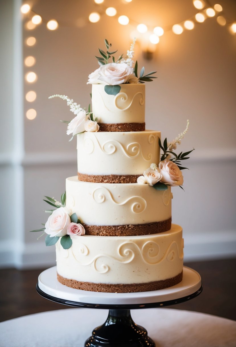 A three-tiered white chocolate cheesecake wedding cake adorned with delicate floral decorations and elegant icing swirls