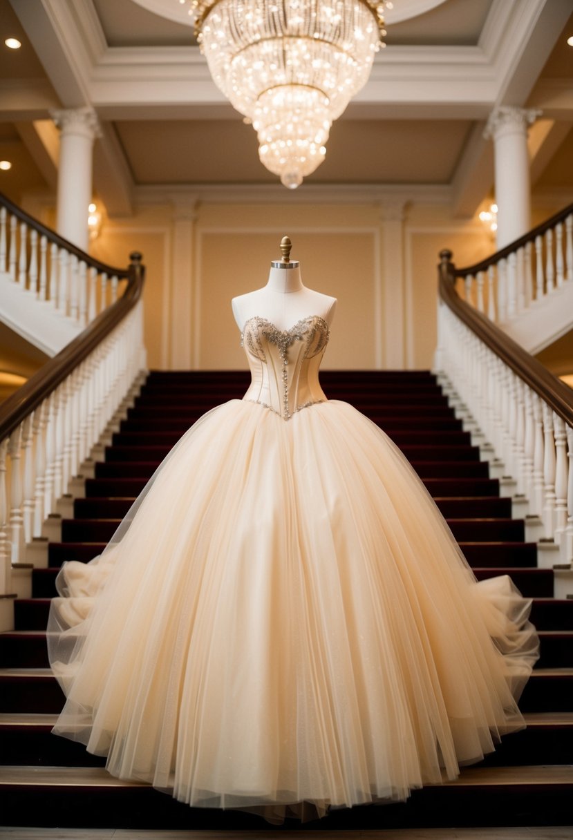 A champagne tulle corset gown cascading down a grand staircase at a luxurious ballroom wedding