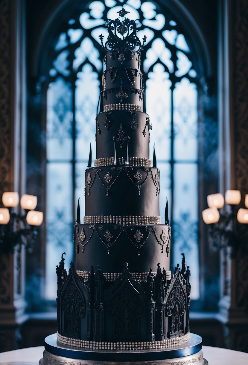 A towering wedding cake adorned with gothic motifs and dark, elegant details, set against a dramatic backdrop of ornate architecture and moody lighting