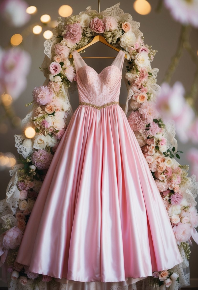 A pink vintage ball gown hangs from a golden hanger, surrounded by delicate lace and floral details