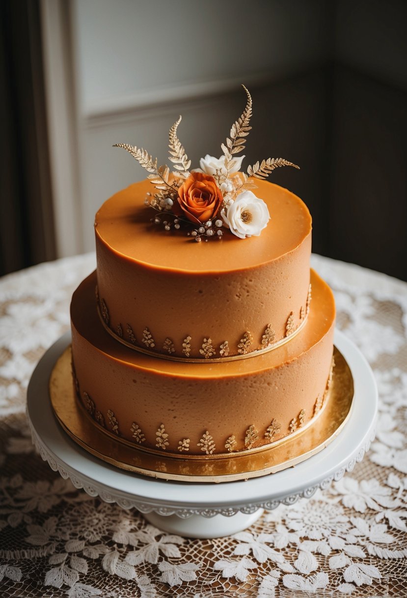 A decadent burnt orange cheesecake wedding cake, adorned with delicate floral accents and elegant gold detailing, sits atop a vintage lace tablecloth