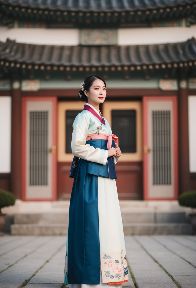 A woman in a retro Hanbok stands in a traditional Korean wedding setting, with a modest silhouette and vintage details