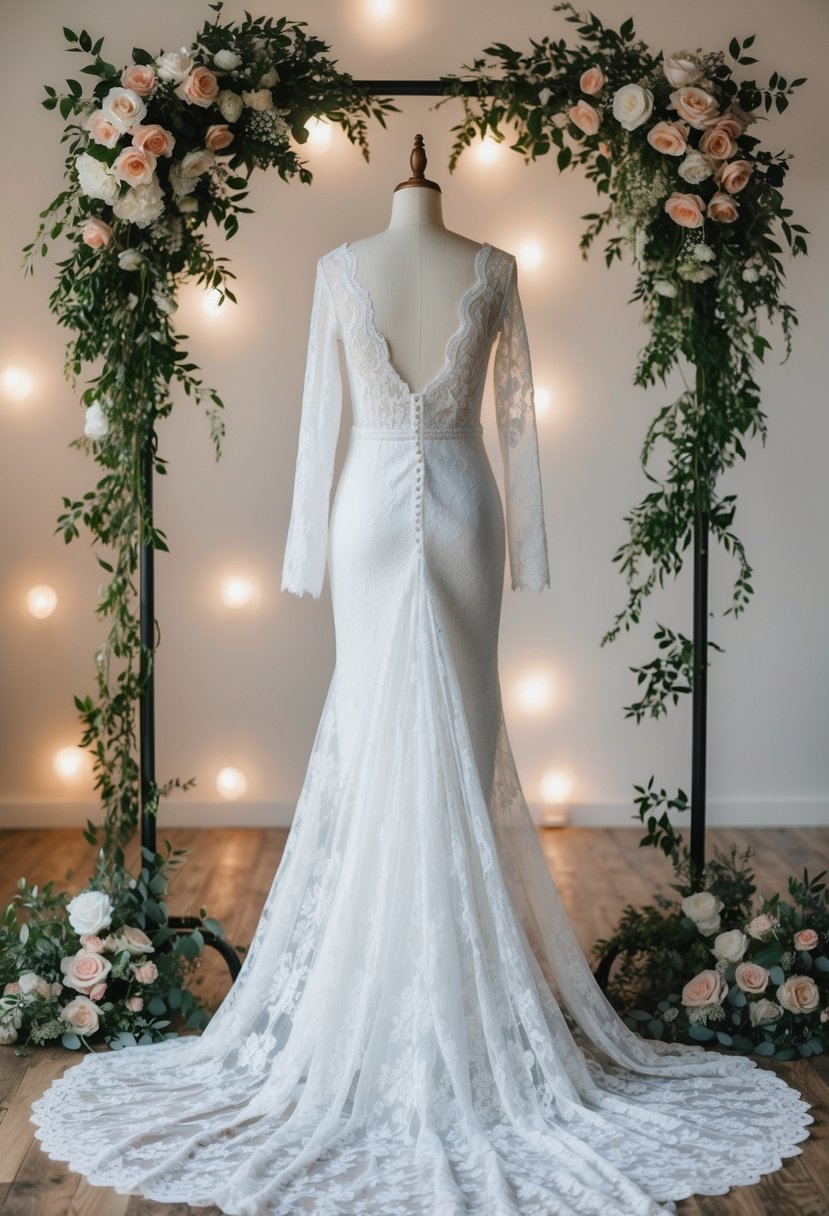 A long sleeve lace gown draped over a mannequin, surrounded by floral arrangements and soft lighting