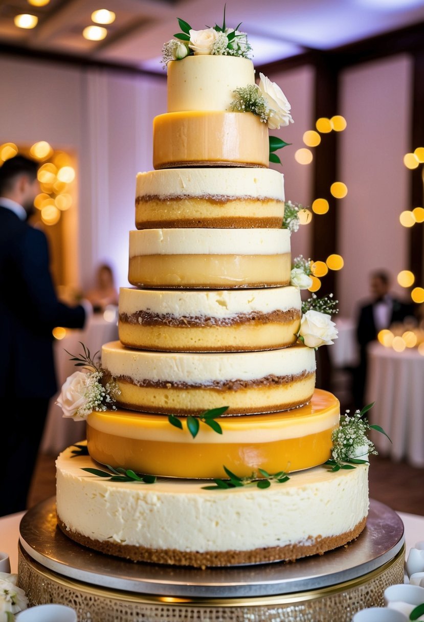 A towering wedding cake made of stacked cheesecakes and large cheese wheels, adorned with elegant decorations