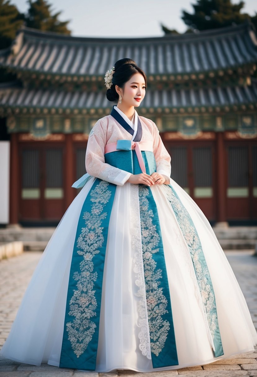 A tiered Hanbok with tulle underlay, featuring intricate embroidery and delicate lace detailing, set against a traditional Korean wedding backdrop