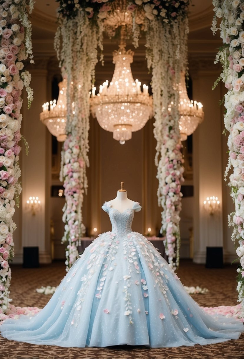 A grand ballroom with cascading flowers, a Cinderella-style gown in the center, adorned with delicate petals and intricate floral details