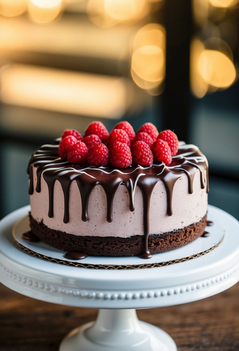 A decadent chocolate raspberry cheesecake wedding cake topped with fresh raspberries and drizzled with chocolate ganache