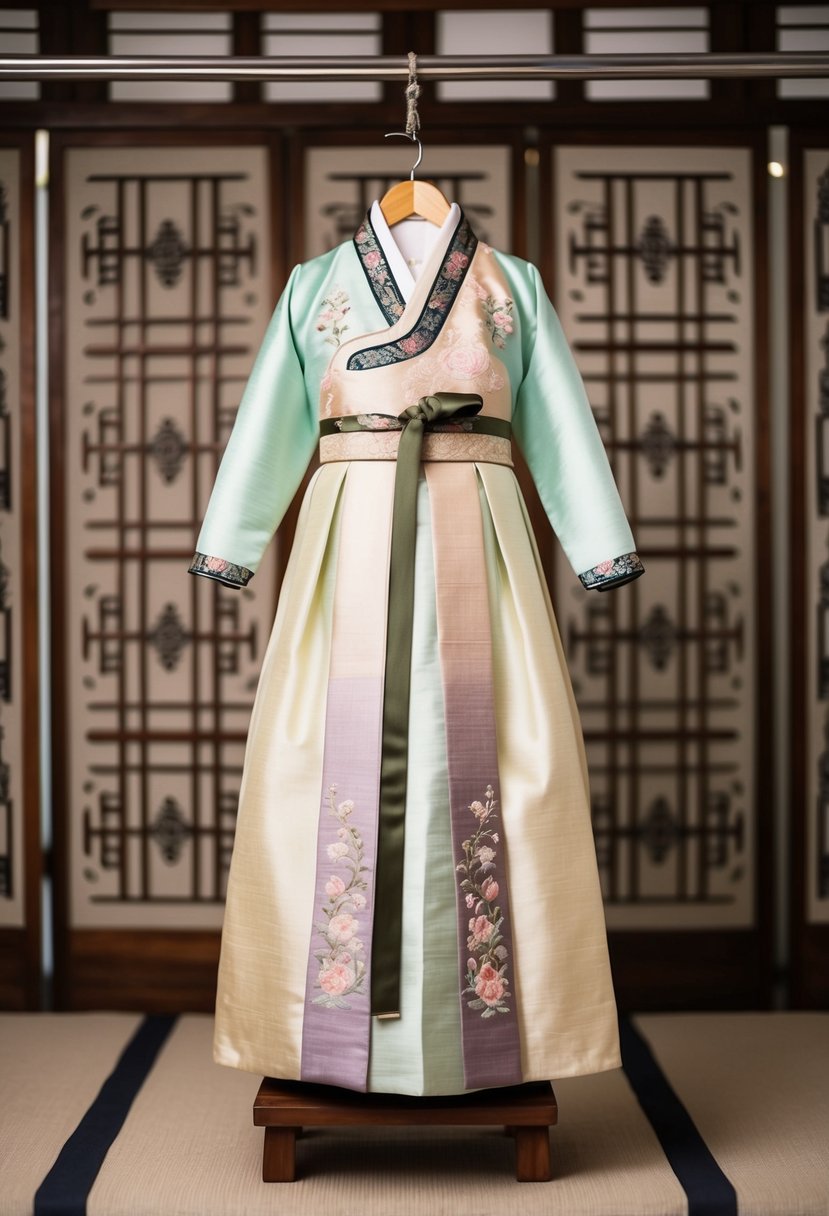 A vintage Hanbok displayed on a wooden hanger, adorned with soft pastel tones and intricate embroidery, set against a backdrop of traditional Korean patterns