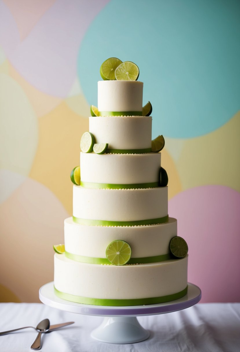 A tall, elegant wedding cake adorned with key lime slices and a creamy cheesecake filling, set against a backdrop of soft, pastel colors