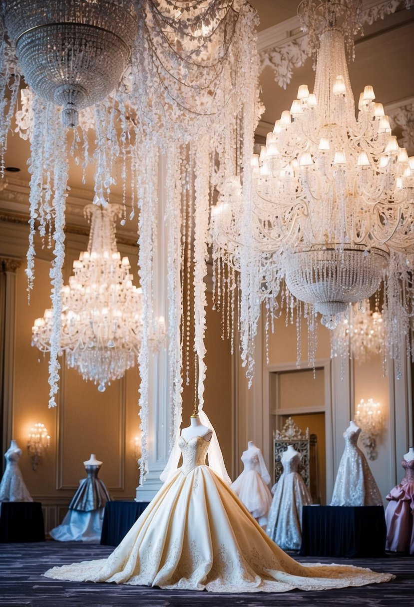 A grand ballroom with cascading chandeliers, adorned with intricate lace details, and a majestic princess gown on display