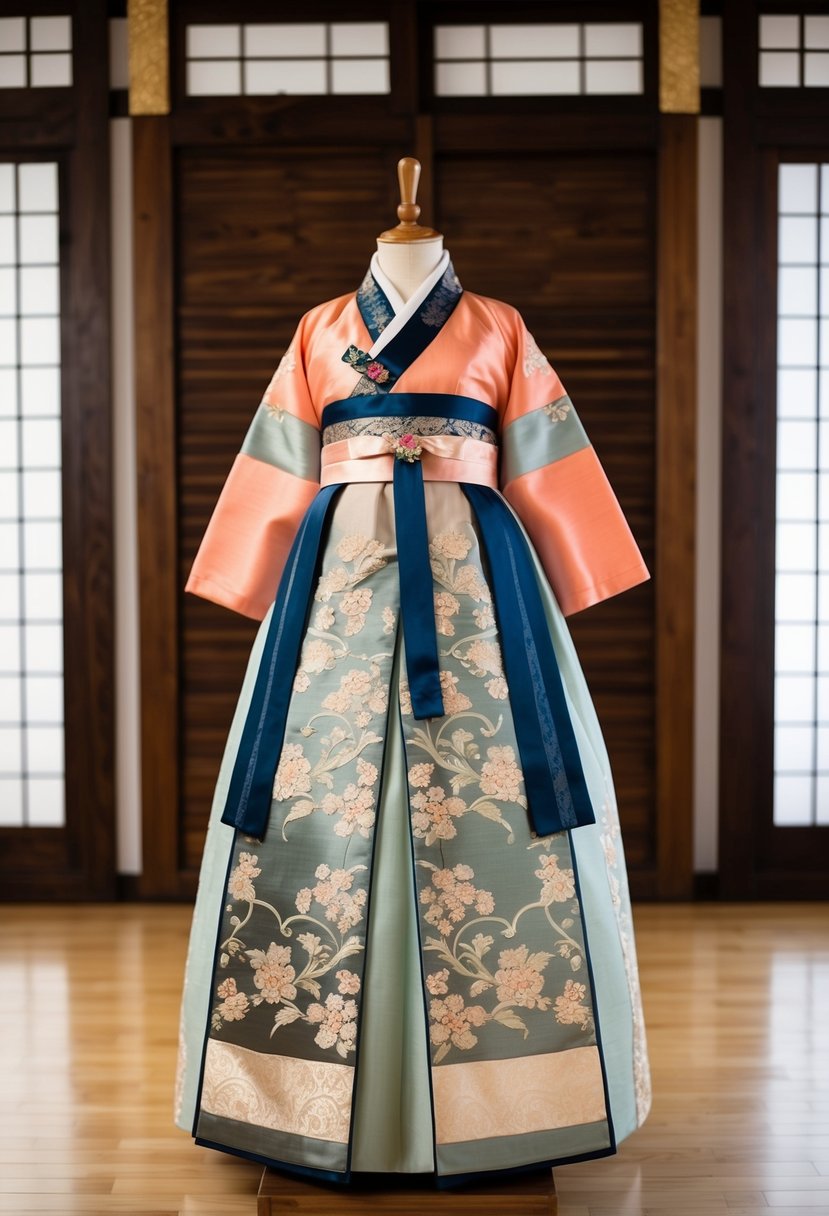 A two-piece hanbok with intricate trimmings displayed on a vintage dress form