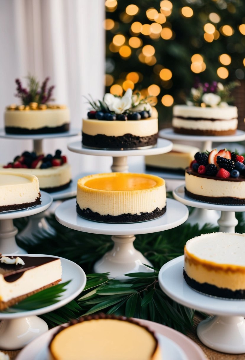 A dessert table adorned with a variety of cheesecake wedding cake ideas, beautifully displayed for a celebration