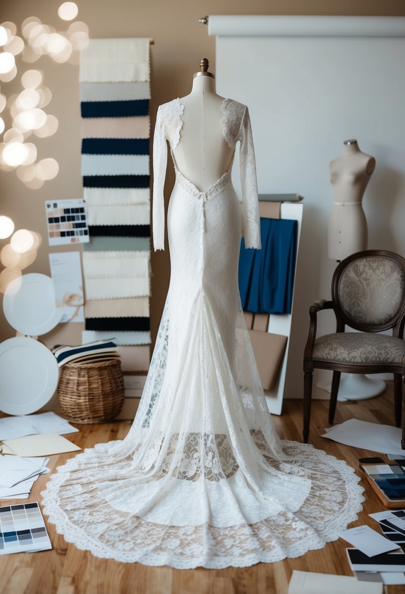 A lace long tail gown draped over a mannequin, surrounded by fabric swatches and design sketches