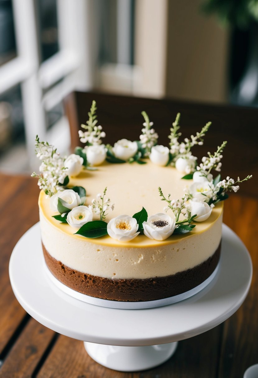 A decadent cheesecake adorned with delicate floral decorations, serving as a unique and elegant wedding cake idea