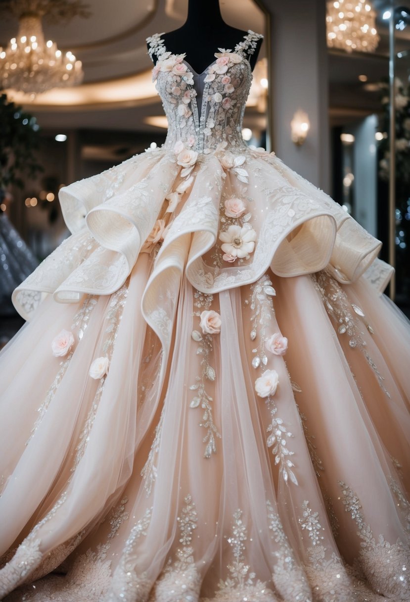 A shimmering ball gown with flowing layers of tulle and lace, adorned with delicate floral appliques and sparkling crystal embellishments