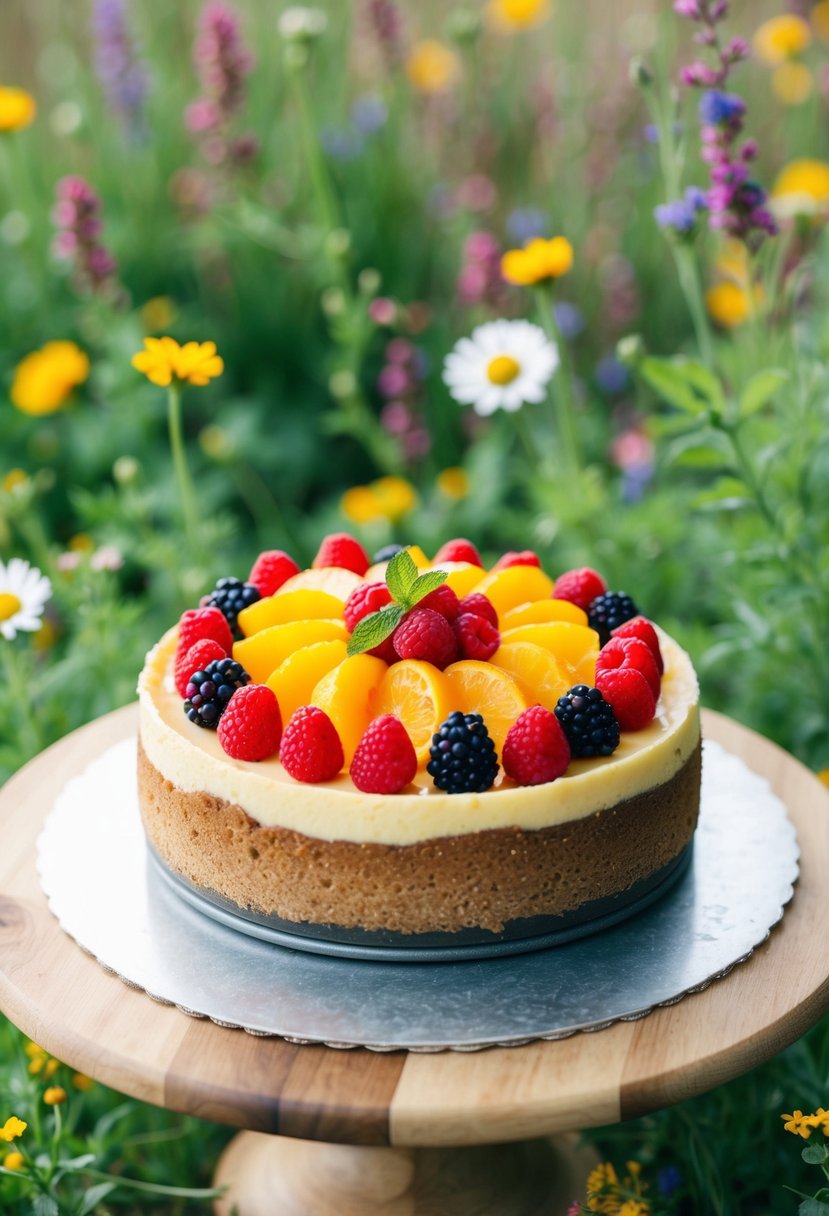 A rustic cheesecake adorned with a colorful array of fresh fruit toppings, set on a wooden cake stand surrounded by greenery and wildflowers