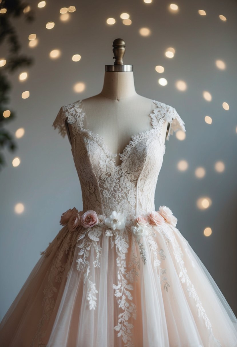 A lace ball gown drapes over a vintage mannequin, adorned with delicate floral appliques and a flowing tulle skirt