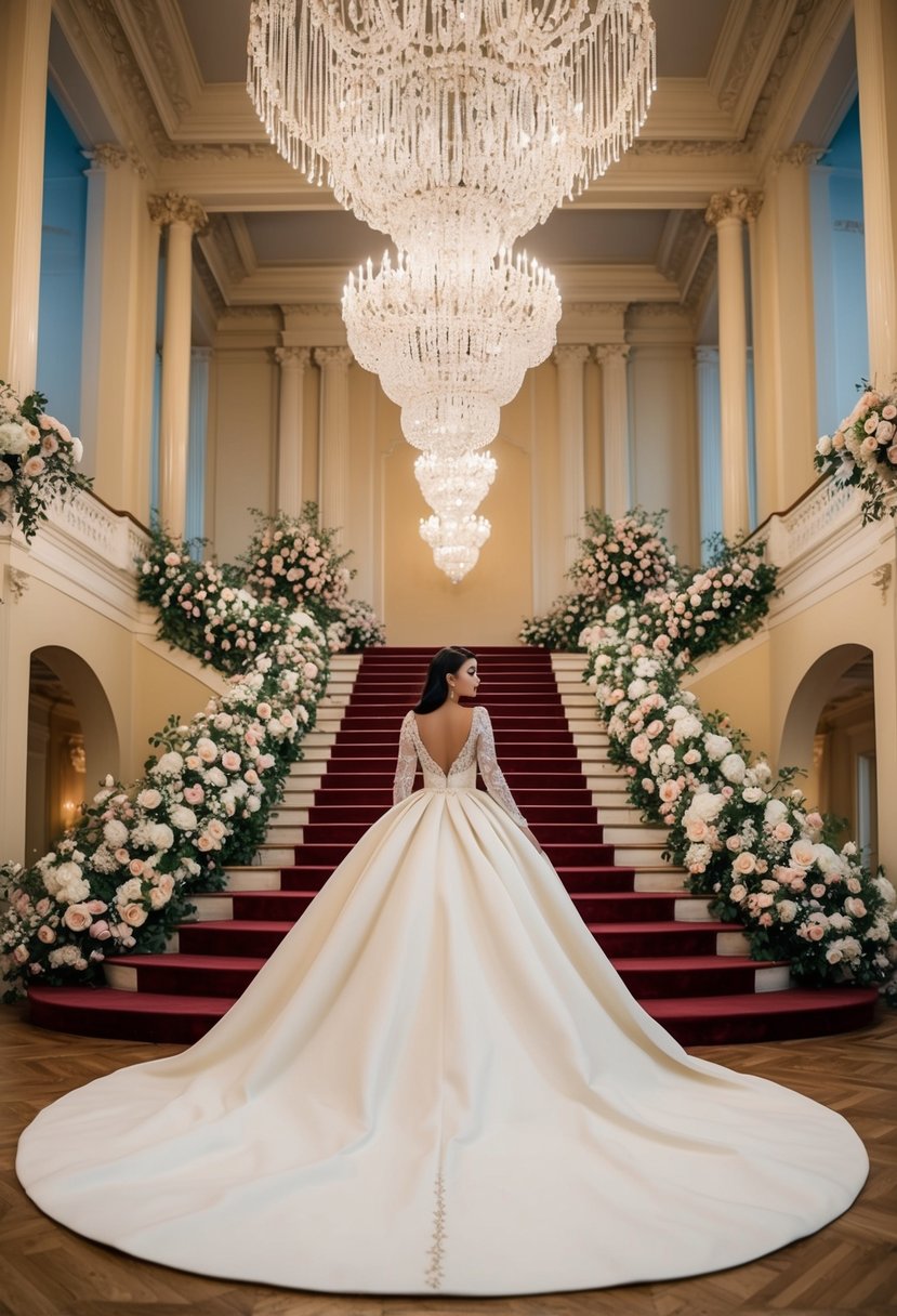 A grand ballroom with cascading chandeliers, opulent floral arrangements, and a sweeping staircase, showcasing the Mikado fabric long sleeve gown