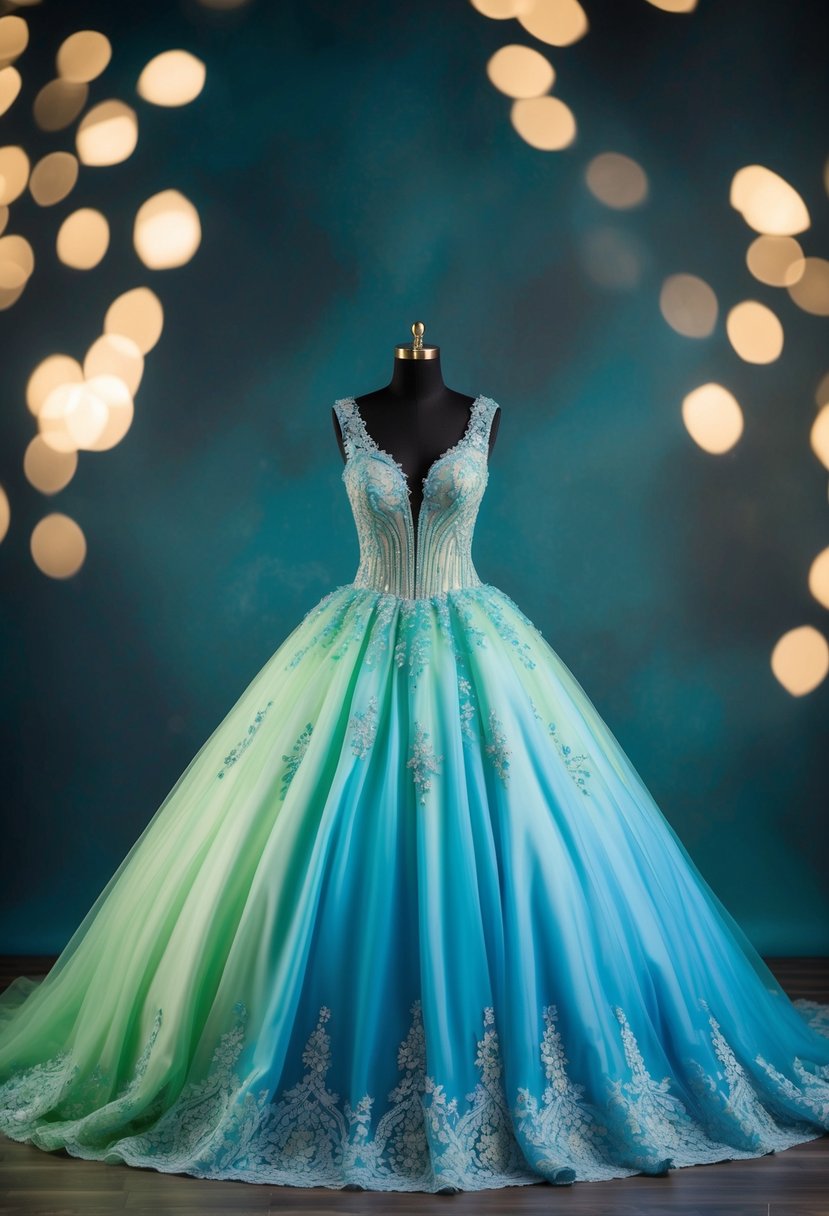 A flowing ball gown with a gradient of blue and green, adorned with delicate lace and shimmering details