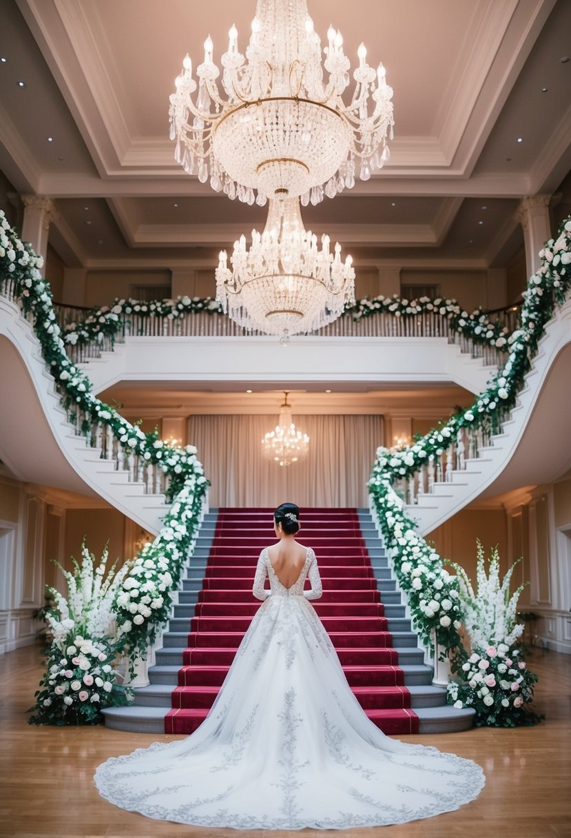 A grand ballroom with a sweeping staircase, adorned with crystal chandeliers and opulent floral arrangements, sets the stage for a regal Meghan Markle-inspired gown