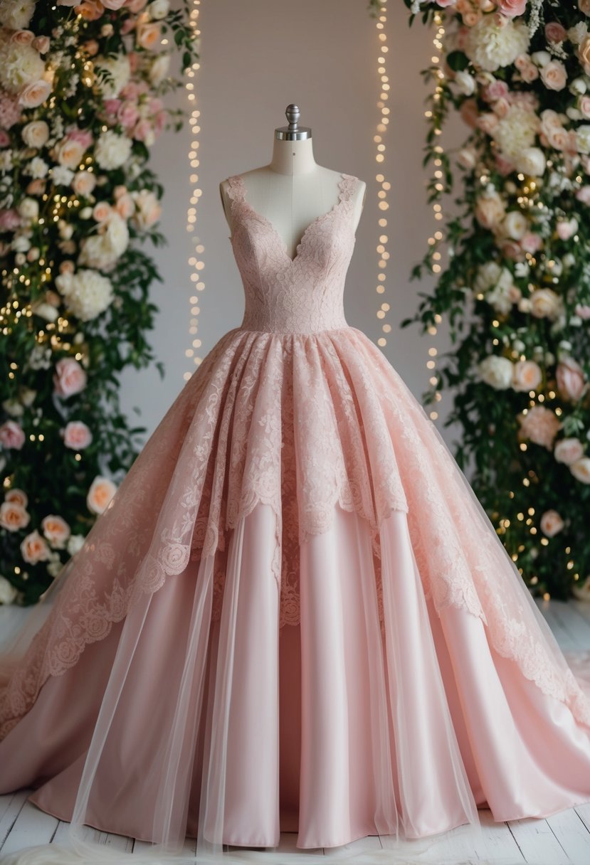 A blush pink romantic ball gown adorned with delicate lace and flowing tulle, set against a backdrop of cascading flowers and twinkling fairy lights