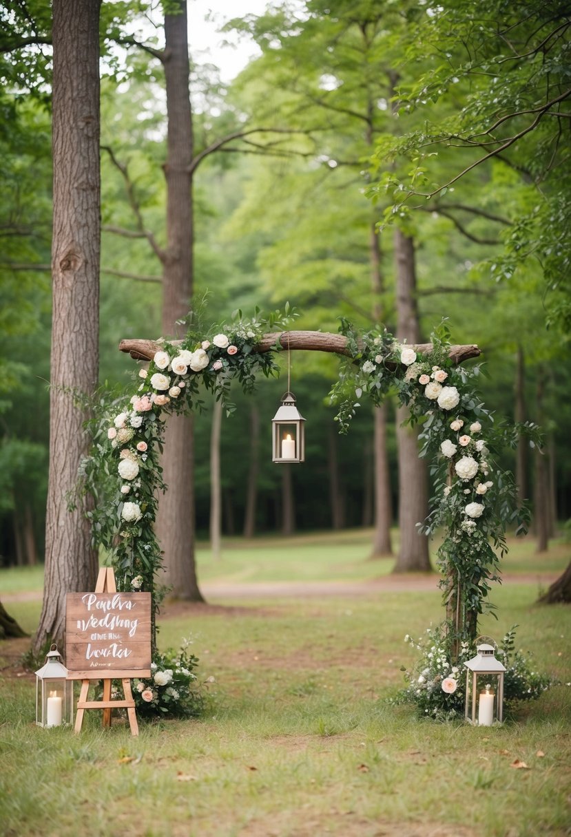 A serene woodland clearing with a rustic arch adorned with flowers and greenery. Lanterns hang from the trees, and a wooden sign marks the wedding location