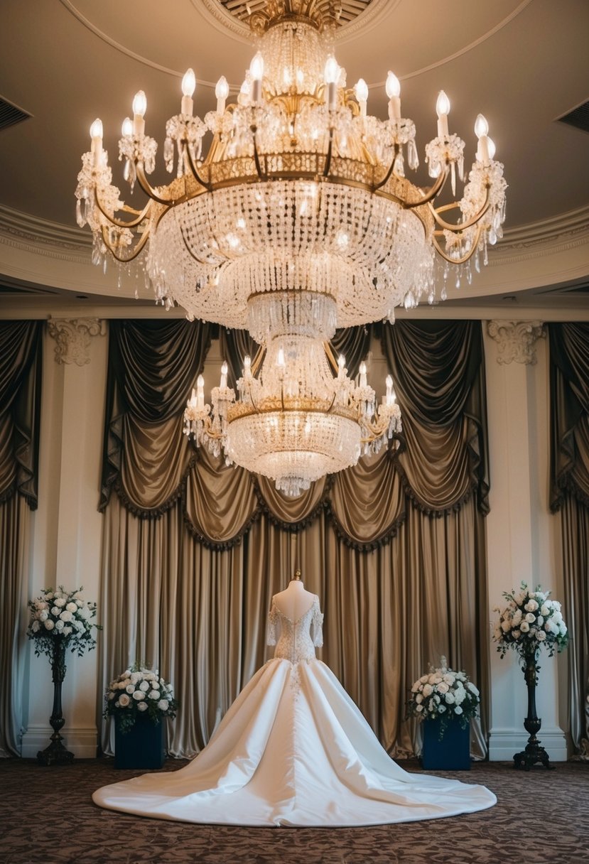 A grand ballroom with ornate chandeliers, adorned with cascading silk curtains, and a regal, opulent wedding gown on display