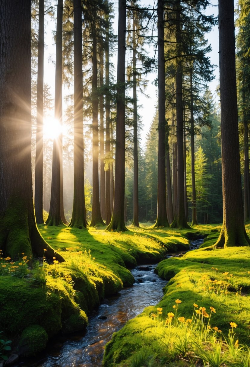 Sunlight filters through tall trees onto a mossy clearing. A small stream winds through the forest, and wildflowers bloom at the edge of the glade