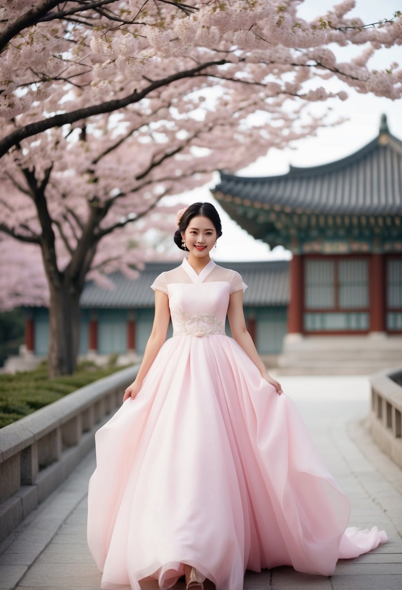 A bride in a flowing pink Korean wedding dress, surrounded by cherry blossom trees and traditional Korean architecture