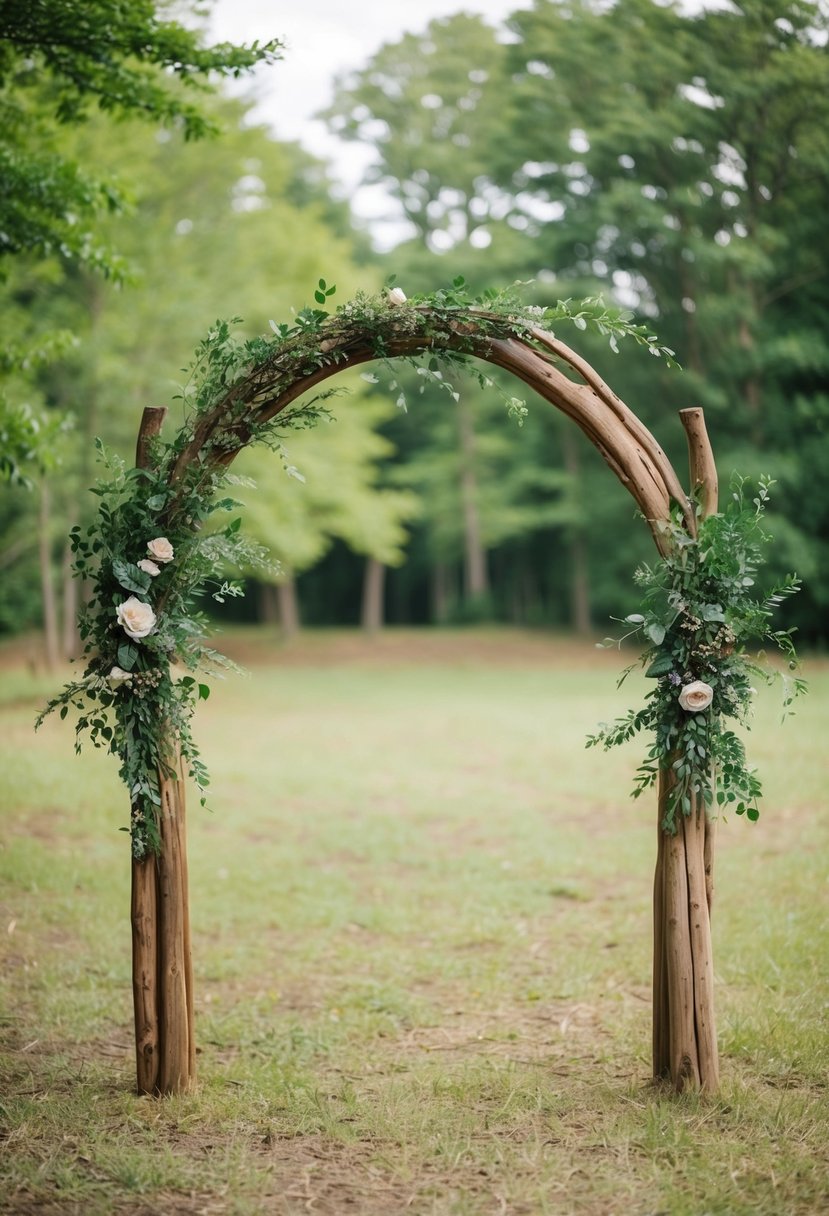 Rustic wooden arches adorned with lush greenery set in a woodland clearing