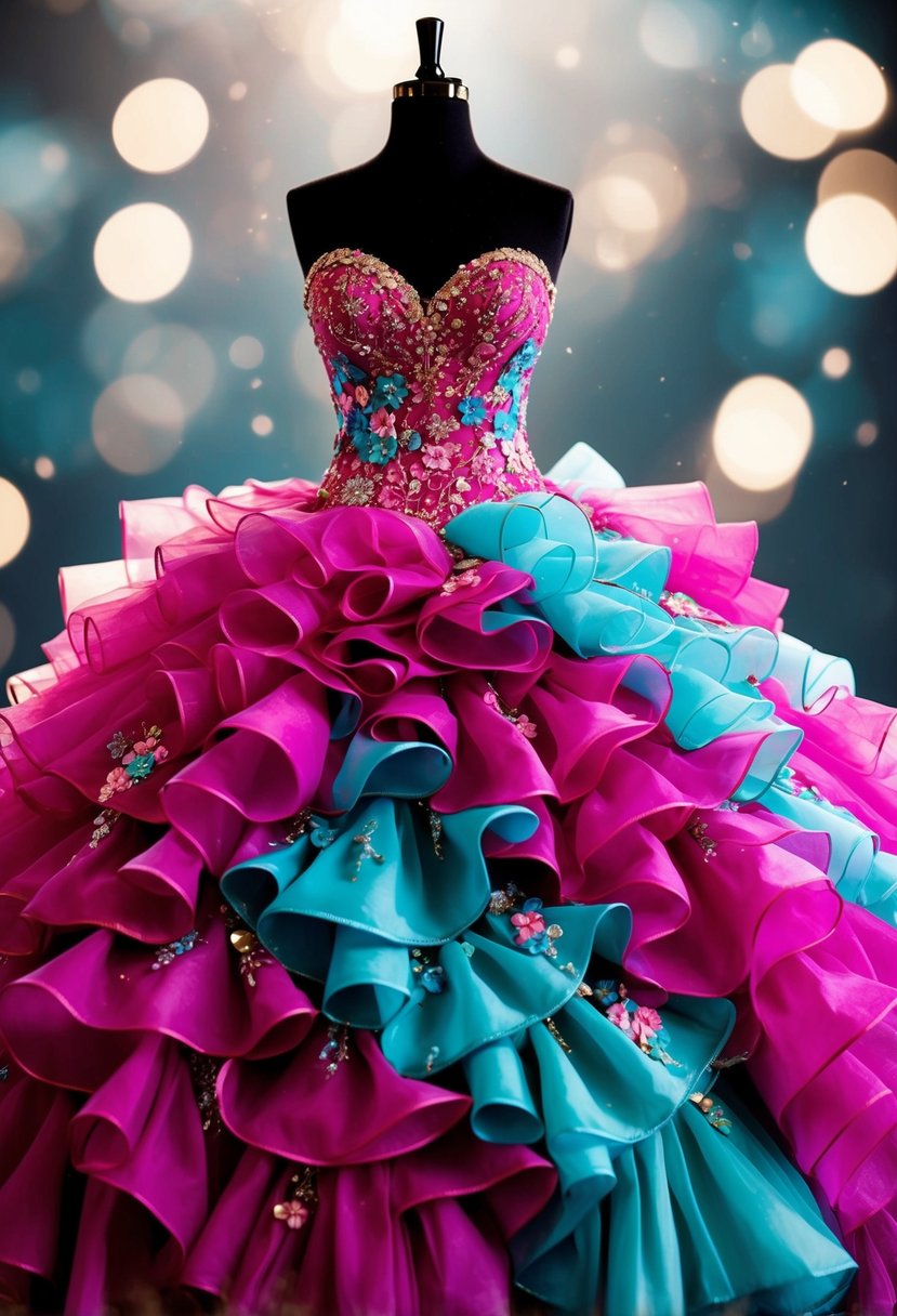 A vibrant ball gown with cascading ruffles in shades of fuchsia, turquoise, and gold, adorned with sparkling crystals and delicate floral appliques