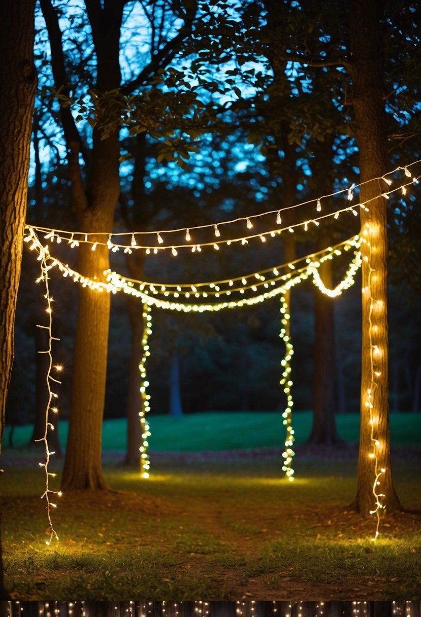 Fairy lights drape through the trees, casting a warm glow over a woodland clearing. Twinkling in the evening light, they create a magical ambiance for a wedding celebration