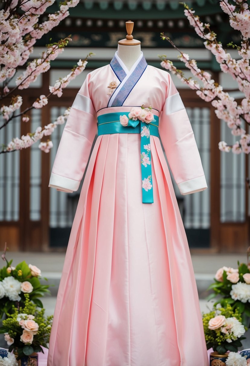 A pastel pink hanbok displayed on a mannequin, surrounded by cherry blossom branches and traditional Korean wedding decor