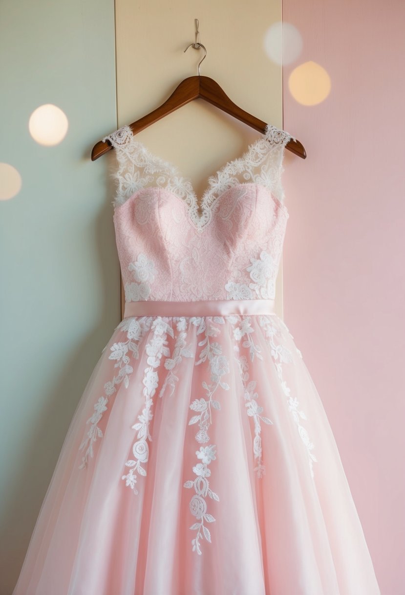 A pink Korean wedding dress with delicate floral lace details, hanging on a hanger against a soft, pastel backdrop