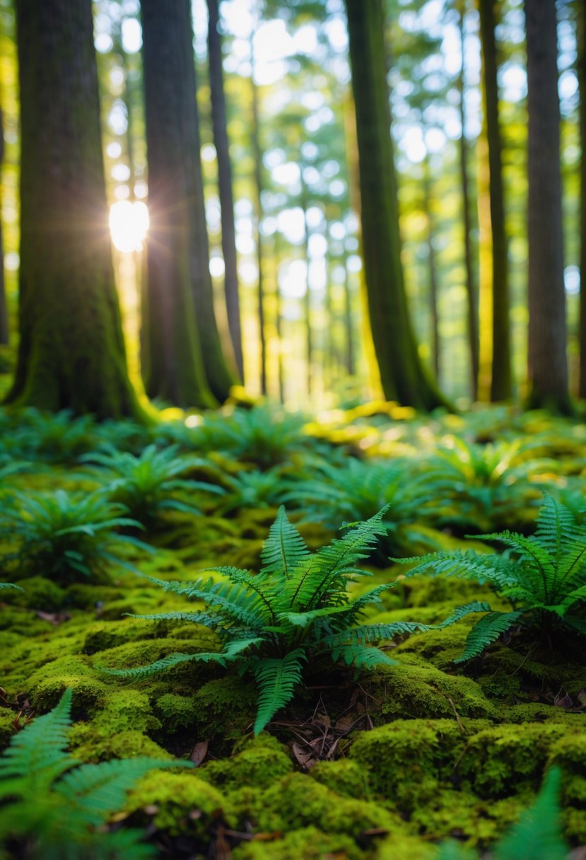 Moss-covered forest floor with lush ferns, dappled sunlight filtering through the trees