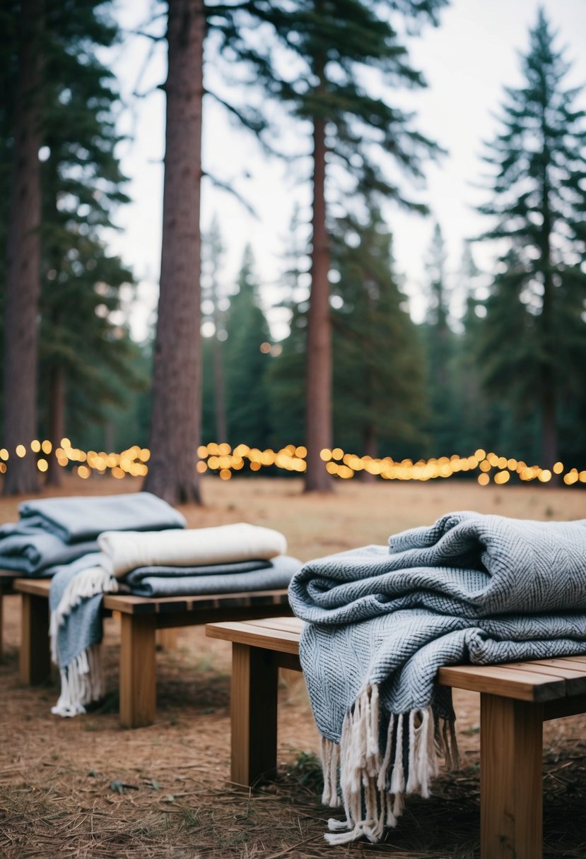 Cozy blankets draped over wooden benches in a forest clearing, surrounded by twinkling fairy lights and towering pine trees