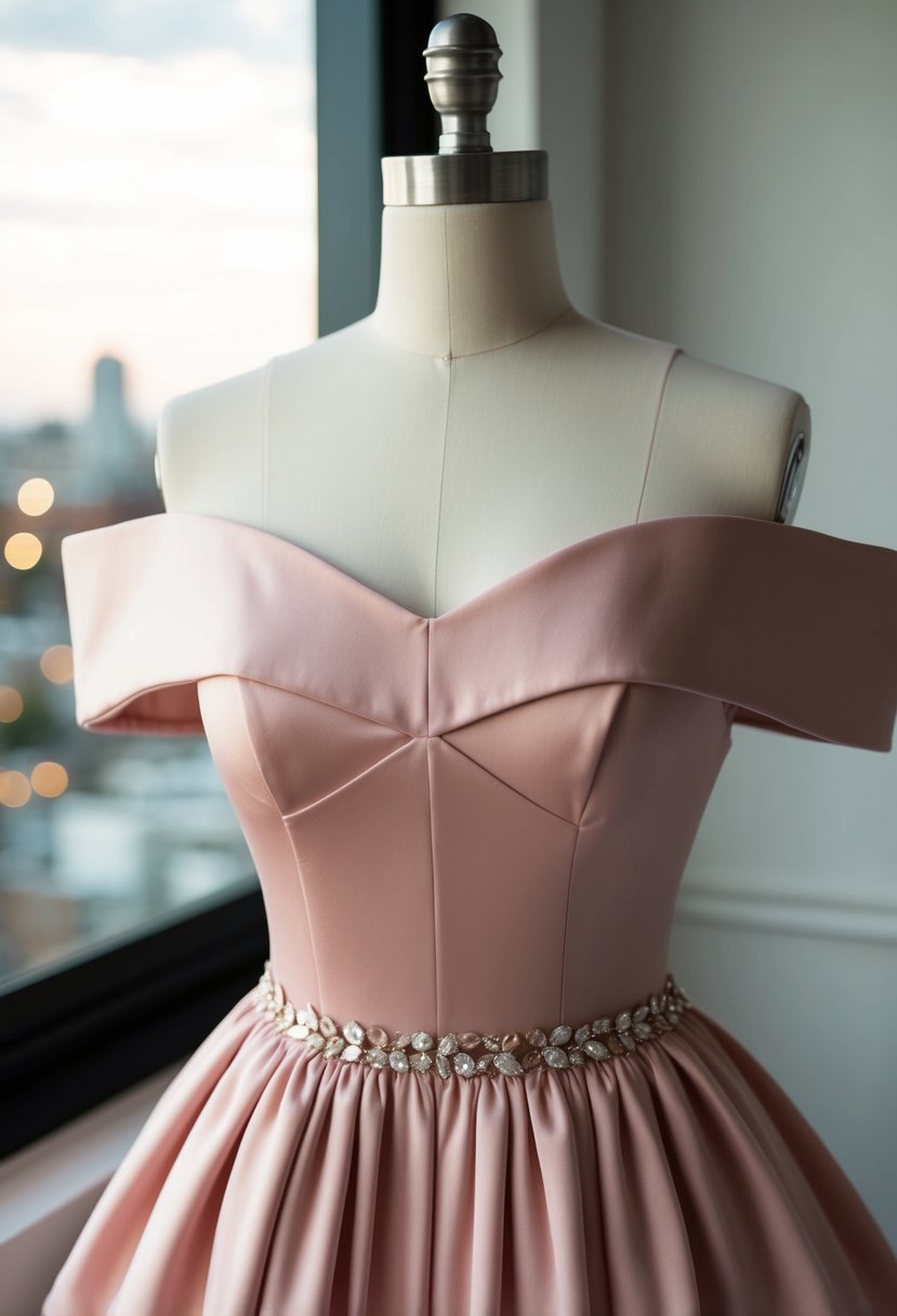 A blush pink off-the-shoulder dress on a mannequin for a romantic look