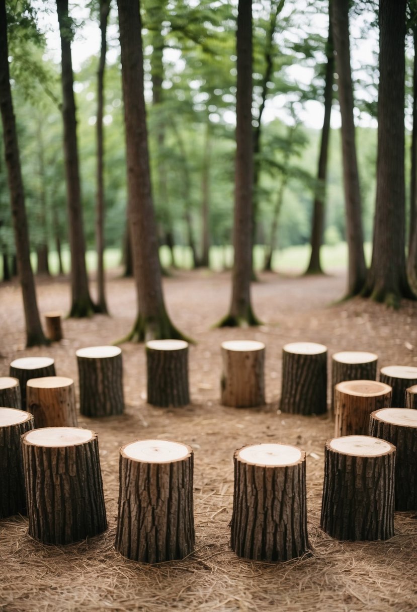 Tree stumps arranged in a circle, serving as rustic seating for a woodland wedding ceremony