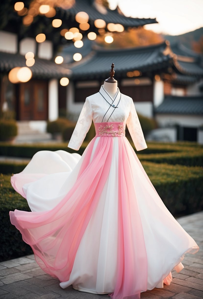 A flowing pink and white Korean wedding dress on a mannequin