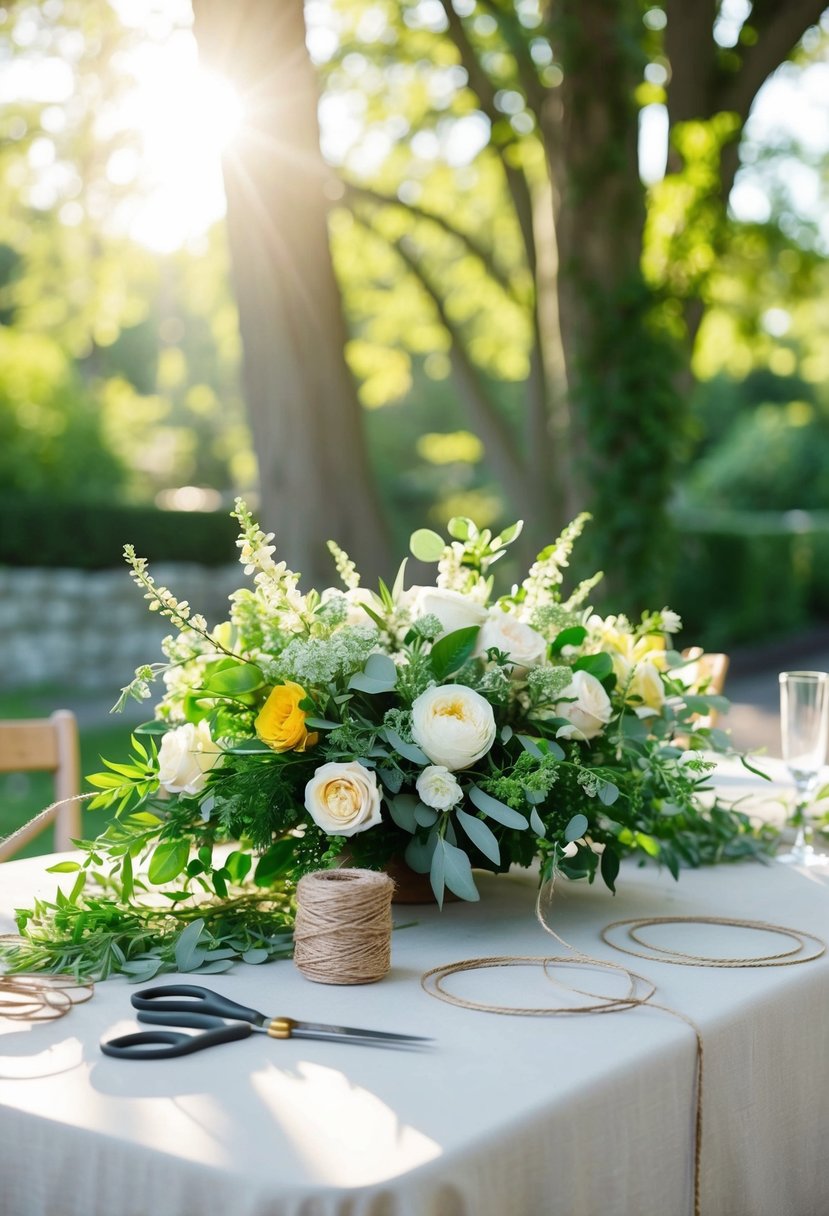 A table adorned with fresh flowers, greenery, and twine. Scissors, wire, and ribbon lay nearby. Sunlight filters through the trees